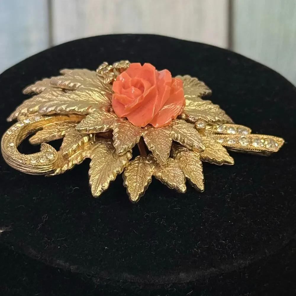 Eisenberg Coral Rose Brooch Pin Vintage Gold Tone Signed Sparkling Rhinestone